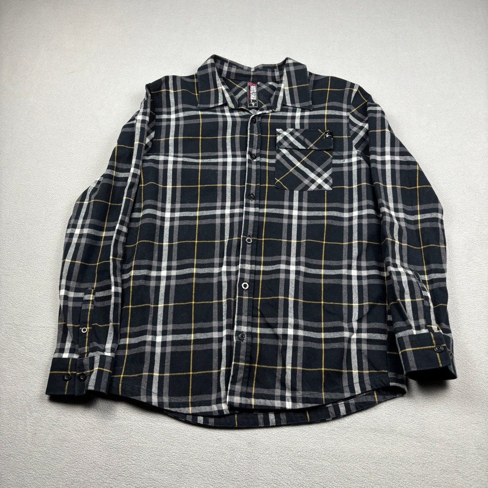Metal Mulisha Mens Plaid Flannel Shirt Black Yellow Large Back Patch Medium